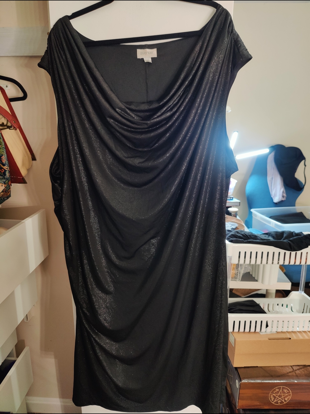 Avenue Black Shimmer Cowel-Neck Midi Dress